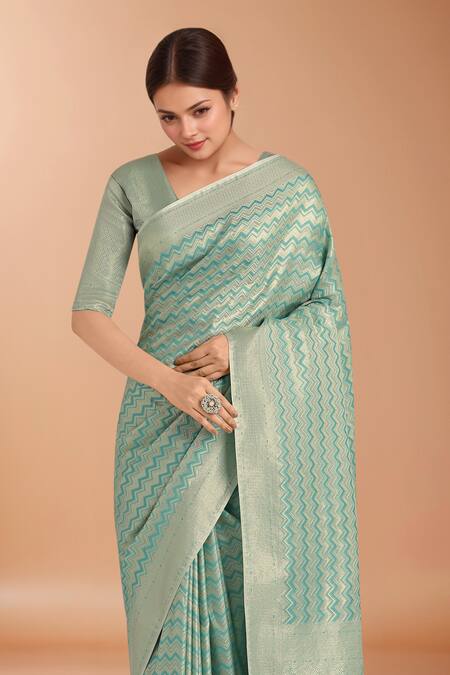 Buy_Samyukta Singhania_Blue Embroidery, Zari V-neck Woven Banarasi Satin Silk Saree With Blouse _Online_at_Aza_Fashions