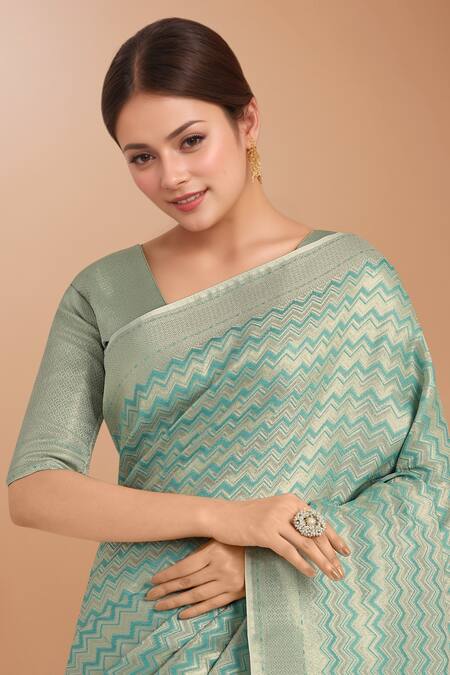 Shop_Samyukta Singhania_Blue Embroidery, Zari V-neck Woven Banarasi Satin Silk Saree With Blouse _Online_at_Aza_Fashions