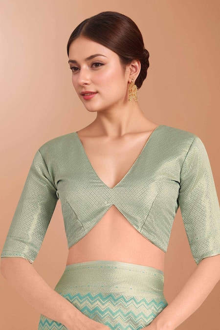 Buy_Samyukta Singhania_Blue Embroidery, Zari V-neck Woven Banarasi Satin Silk Saree With Blouse 