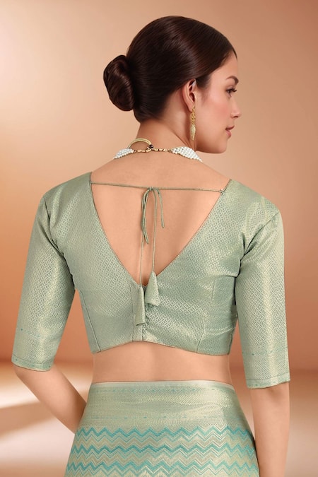 Shop_Samyukta Singhania_Blue Embroidery, Zari V-neck Woven Banarasi Satin Silk Saree With Blouse 