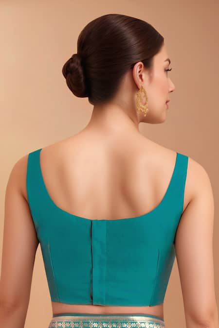 Shop_Samyukta Singhania_Blue Embroidery Round Neck Zari Woven Banarasi Silk Saree With Blouse 