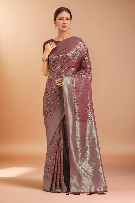 Buy_Samyukta Singhania_Maroon Silk Zari Round Neck Woven Banarasi Saree With Blouse _Online_at_Aza_Fashions