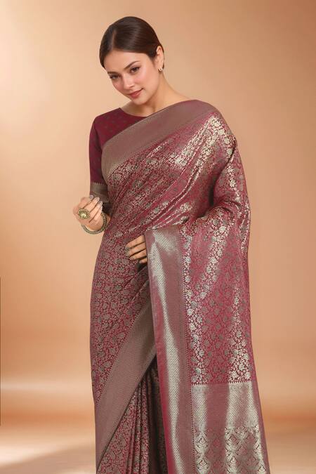 Shop_Samyukta Singhania_Maroon Silk Zari Round Neck Woven Banarasi Saree With Blouse _Online_at_Aza_Fashions