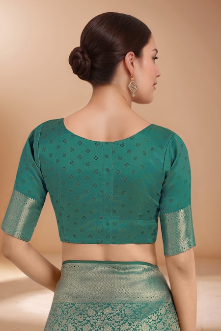 Shop_Samyukta Singhania_Teal Tassels, Zari Round Neck Woven Banarasi Silk Saree With Blouse _Online_at_Aza_Fashions