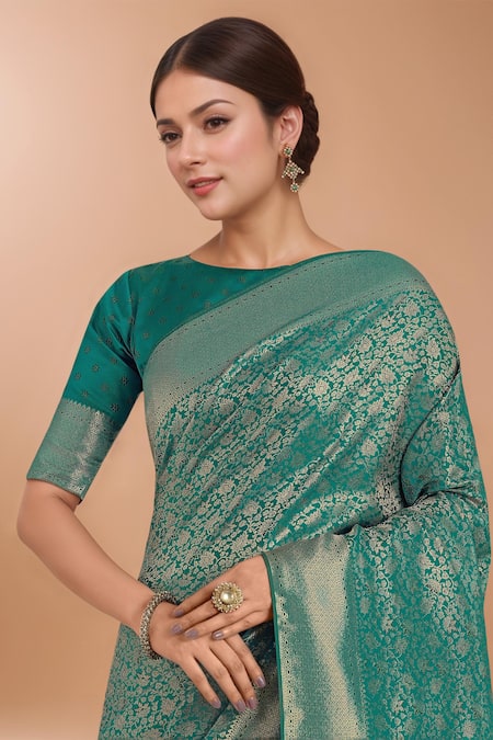 Buy_Samyukta Singhania_Teal Tassels, Zari Round Neck Woven Banarasi Silk Saree With Blouse 
