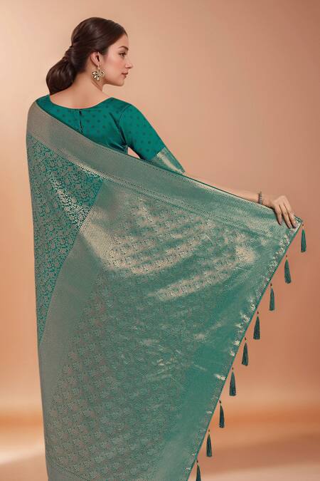 Shop_Samyukta Singhania_Teal Tassels, Zari Round Neck Woven Banarasi Silk Saree With Blouse 