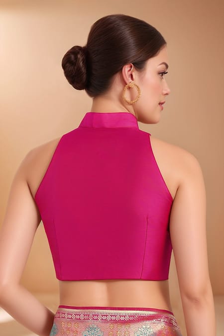 Shop_Samyukta Singhania_Pink Embroidery High Neck Zari Woven Banarasi Silk Saree With Blouse 