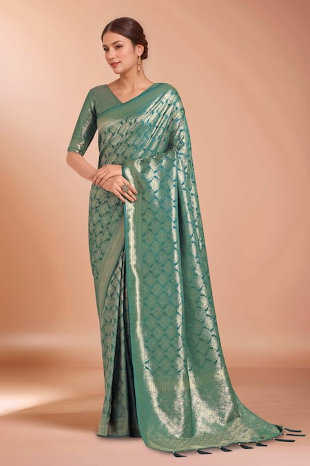 Samyukta Singhania Zari Woven Turquoise Banarasi Saree With Blouse 
