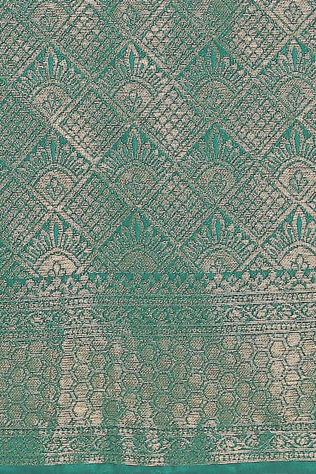 Samyukta Singhania_Turquoise Tassels V-neck Zari Woven Banarasi Saree With Blouse _Online_at_Aza_Fashions