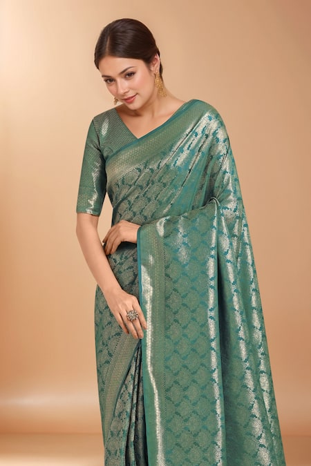 Buy_Samyukta Singhania_Turquoise Tassels V-neck Zari Woven Banarasi Saree With Blouse _Online_at_Aza_Fashions