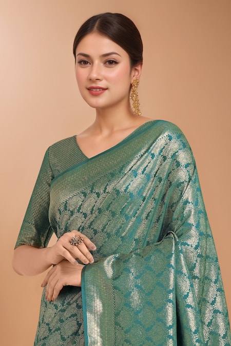 Shop_Samyukta Singhania_Turquoise Tassels V-neck Zari Woven Banarasi Saree With Blouse _Online_at_Aza_Fashions