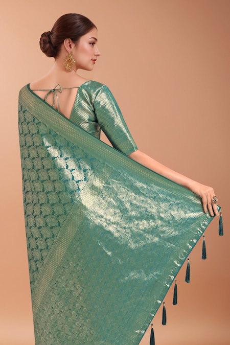Samyukta Singhania_Turquoise Tassels V-neck Zari Woven Banarasi Saree With Blouse _at_Aza_Fashions