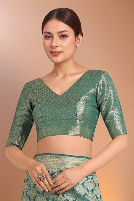 Buy_Samyukta Singhania_Turquoise Tassels V-neck Zari Woven Banarasi Saree With Blouse 