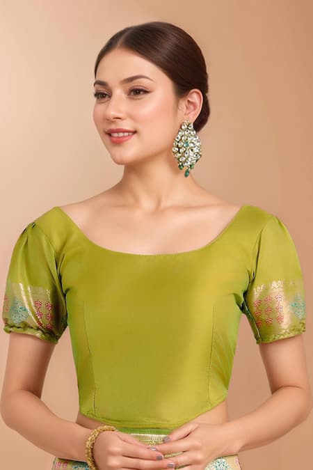 Buy_Samyukta Singhania_Green Tassels, Zari Round Neck Woven Banarasi Silk Saree With Blouse 