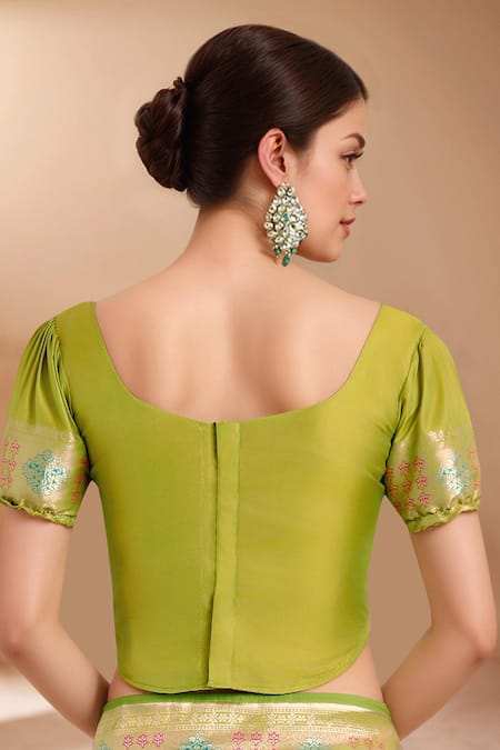 Shop_Samyukta Singhania_Green Tassels, Zari Round Neck Woven Banarasi Silk Saree With Blouse 