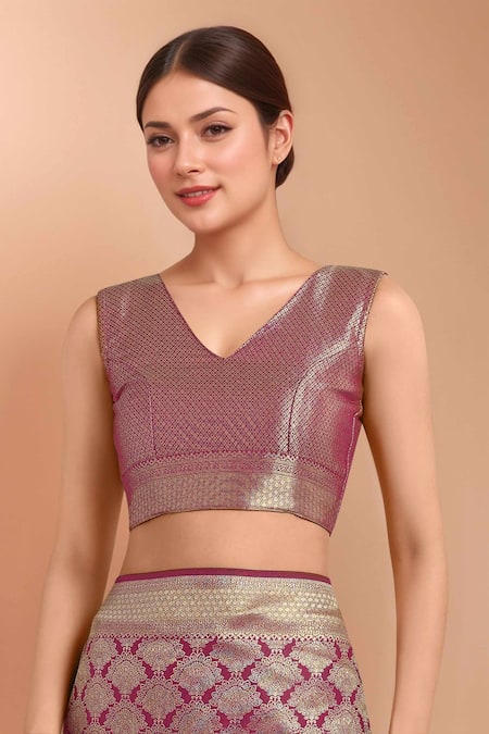 Samyukta Singhania_Pink Tassels, Zari V-neck Woven Banarasi Silk Saree With Blouse _at_Aza_Fashions