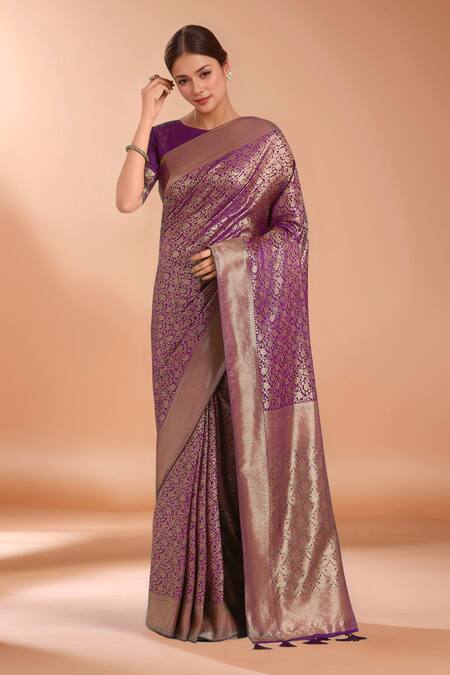 Buy_Samyukta Singhania_Purple Tassels, Zari Round Neck Woven Banarasi Silk Saree With Blouse _Online_at_Aza_Fashions