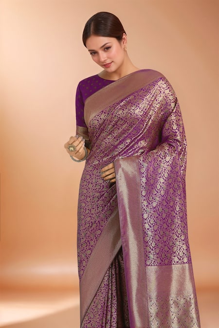 Shop_Samyukta Singhania_Purple Tassels, Zari Round Neck Woven Banarasi Silk Saree With Blouse _Online_at_Aza_Fashions
