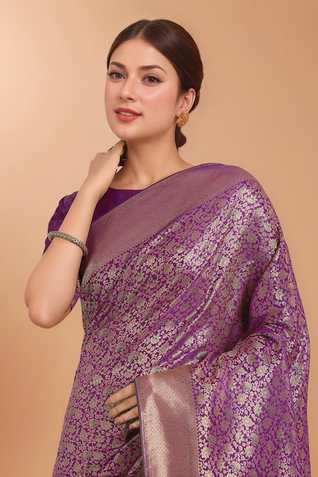 Samyukta Singhania_Purple Tassels, Zari Round Neck Woven Banarasi Silk Saree With Blouse _at_Aza_Fashions
