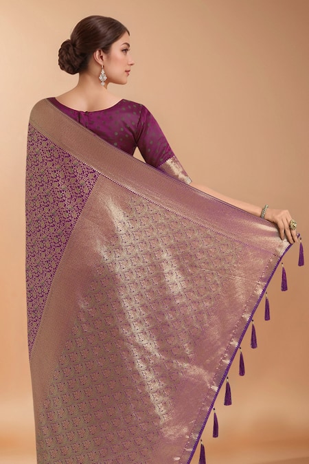 Buy_Samyukta Singhania_Purple Tassels, Zari Round Neck Woven Banarasi Silk Saree With Blouse 
