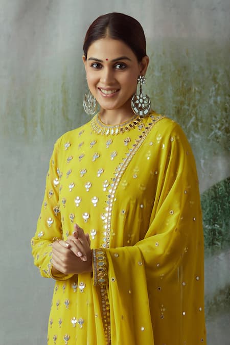 Shop_Vvani By Vani Vats_Green Georgette Round Mirror Embellished Kurta Set 