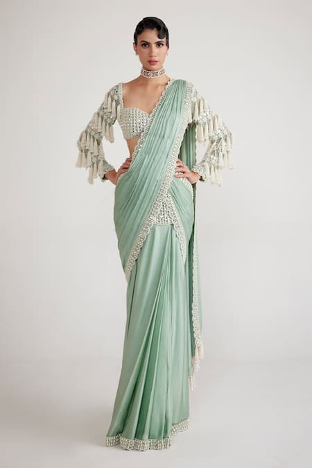 Shop_Vvani By Vani Vats_Green Georgette, Satin, Chiffon Pre-draped Saree With Chandelier Drop Blouse _Online_at_Aza_Fashions