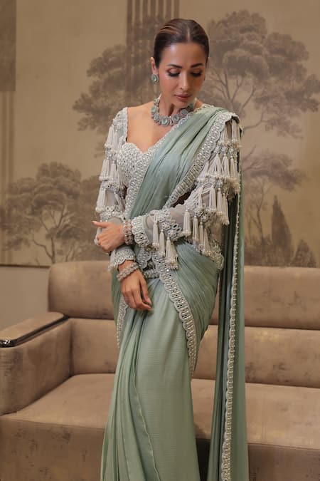 Vvani By Vani Vats_Green Georgette, Satin, Chiffon Pre-draped Saree With Chandelier Drop Blouse _at_Aza_Fashions