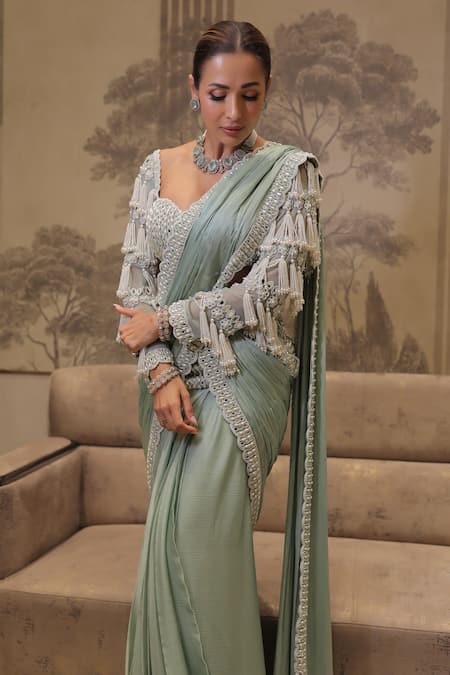 Buy_Vvani By Vani Vats_Green Georgette, Satin, Chiffon Pre-draped Saree With Chandelier Drop Blouse 