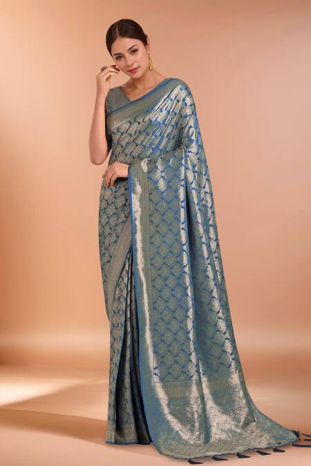 Buy_Samyukta Singhania_Blue Tassels, Zari V-neck Woven Banarasi Satin Silk Saree With Blouse _Online_at_Aza_Fashions