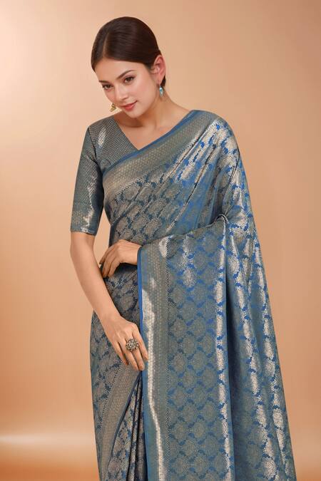 Shop_Samyukta Singhania_Blue Tassels, Zari V-neck Woven Banarasi Satin Silk Saree With Blouse _Online_at_Aza_Fashions