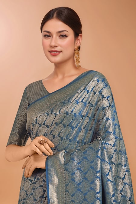 Samyukta Singhania_Blue Tassels, Zari V-neck Woven Banarasi Satin Silk Saree With Blouse _at_Aza_Fashions