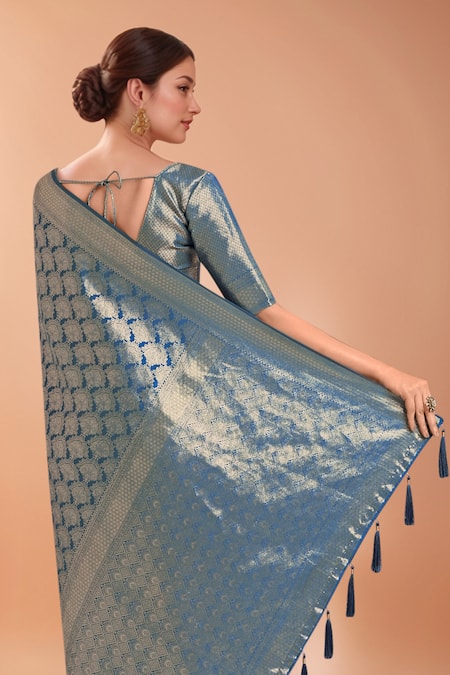 Buy_Samyukta Singhania_Blue Tassels, Zari V-neck Woven Banarasi Satin Silk Saree With Blouse 