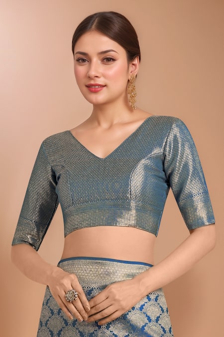 Shop_Samyukta Singhania_Blue Tassels, Zari V-neck Woven Banarasi Satin Silk Saree With Blouse 