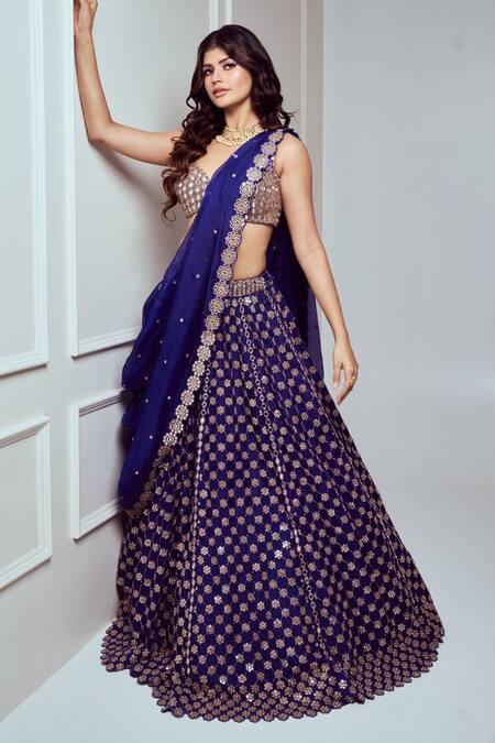 Vvani By Vani Vats Blue Georgette, Organza Beads, Mirrors, Embroidery Floret Bridal Lehenga Set at Aza Fashions Vvani By Vani Vats_Blue Georgette, Organza Beads, Mirrors, Embroidery Floret Bridal Lehenga Set _at_Aza_Fashions