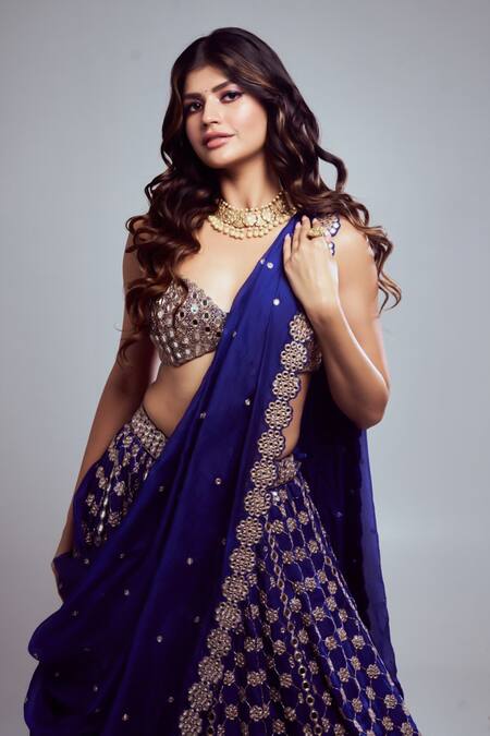 Shop Vvani By Vani Vats Blue Georgette, Organza Beads, Mirrors, Embroidery Floret Bridal Lehenga Set Shop_Vvani By Vani Vats_Blue Georgette, Organza Beads, Mirrors, Embroidery Floret Bridal Lehenga Set