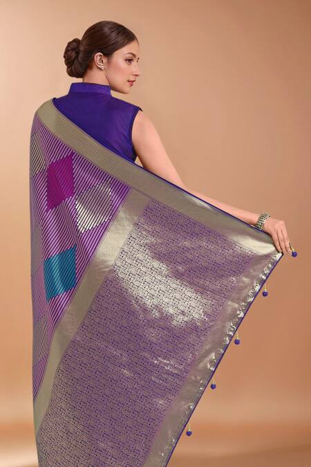 Shop_Samyukta Singhania_Lavender Zari Round Neck Woven Banarasi Silk Saree With Blouse _Online_at_Aza_Fashions