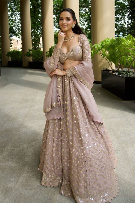 Shop_Vvani By Vani Vats_Pink Georgette, Organza Sequins, Mirrors, Embroidery Floral Jaal Lehenga Set 