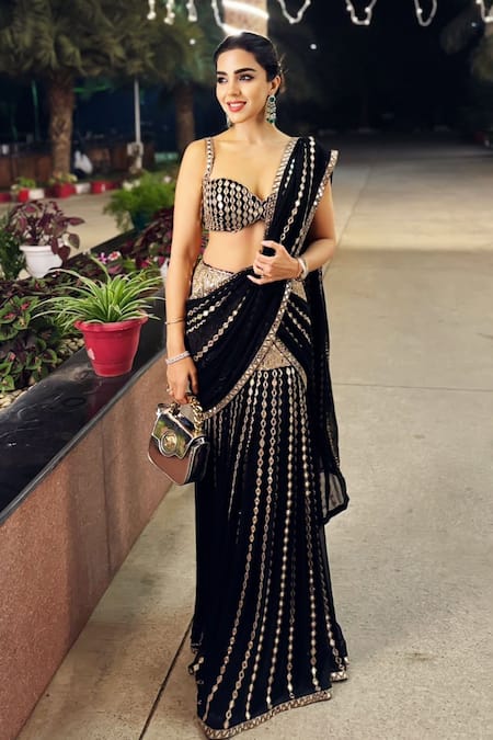 Vvani By Vani Vats Black Georgette Mirrors, Sequins Meteor Embroidered Lehenga Saree With Blouse 