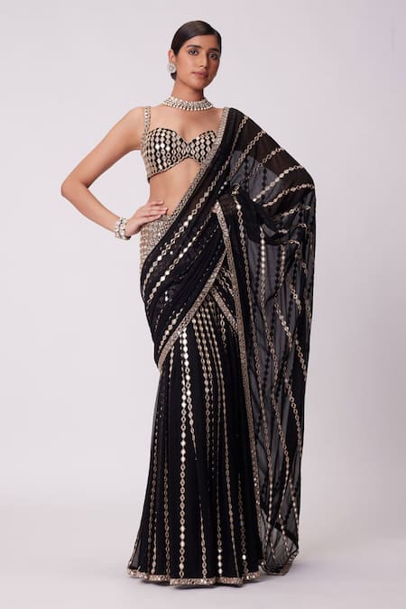 Buy_Vvani By Vani Vats_Black Georgette Mirrors, Sequins Meteor Embroidered Lehenga Saree With Blouse 