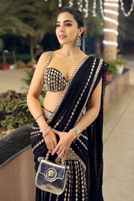 Shop_Vvani By Vani Vats_Black Georgette Mirrors, Sequins Meteor Embroidered Lehenga Saree With Blouse 
