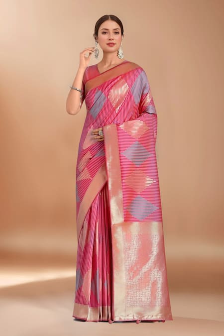 Buy_Samyukta Singhania_Pink Zari V-neck Woven Banarasi Silk Saree With Blouse _Online_at_Aza_Fashions