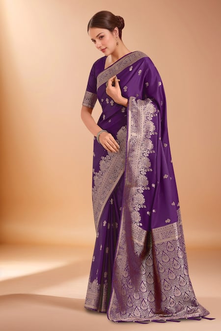 Buy_Samyukta Singhania_Purple Embroidery, Zari V-neck Woven Banarasi Saree With Blouse _Online_at_Aza_Fashions