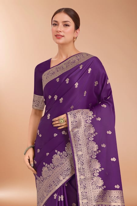 Shop_Samyukta Singhania_Purple Embroidery, Zari V-neck Woven Banarasi Saree With Blouse _Online_at_Aza_Fashions