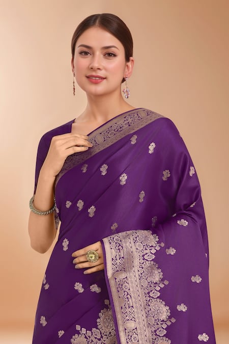 Samyukta Singhania_Purple Embroidery, Zari V-neck Woven Banarasi Saree With Blouse _at_Aza_Fashions