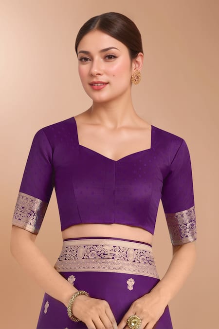Shop_Samyukta Singhania_Purple Embroidery, Zari V-neck Woven Banarasi Saree With Blouse 