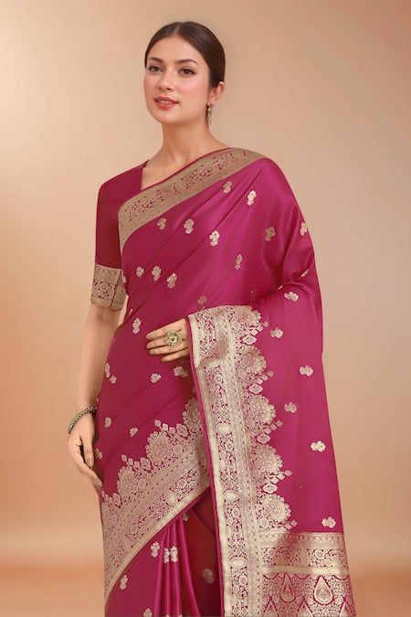 Buy_Samyukta Singhania_Pink Zari V-neck Woven Banarasi Silk Saree With Blouse _Online_at_Aza_Fashions