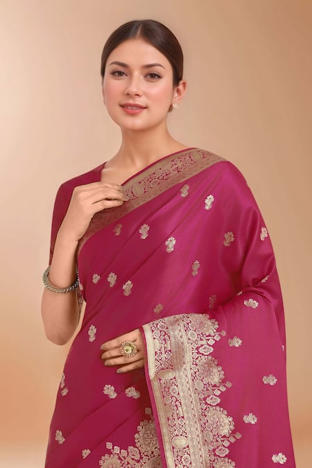 Shop_Samyukta Singhania_Pink Zari V-neck Woven Banarasi Silk Saree With Blouse _Online_at_Aza_Fashions
