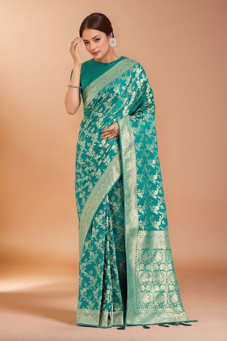 Samyukta Singhania Turquoise Zari Woven Banarasi Silk Saree With Blouse 
