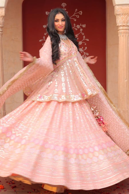 Amaltas Couture Peach Organza Mirrors, Gota Patti, Embroidery V-neck Lehenga Set 