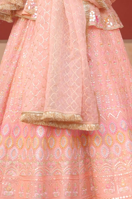 Buy_Amaltas Couture_Peach Organza Mirrors, Gota Patti, Embroidery V-neck Lehenga Set _Online_at_Aza_Fashions